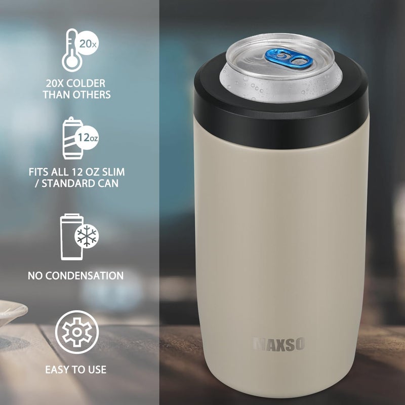 ITSLIFE 4-in-1 Slim Can Cooler Easy to Hold Insulated Beer Can Holder Double-walled Stainless Steel for All 12 Oz Cans (Beige) - Image 3